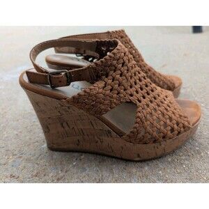 Mudd Cork Wedge Crochet Sandals Slingback Peep Toe Platform Heels Brown Ankle 6